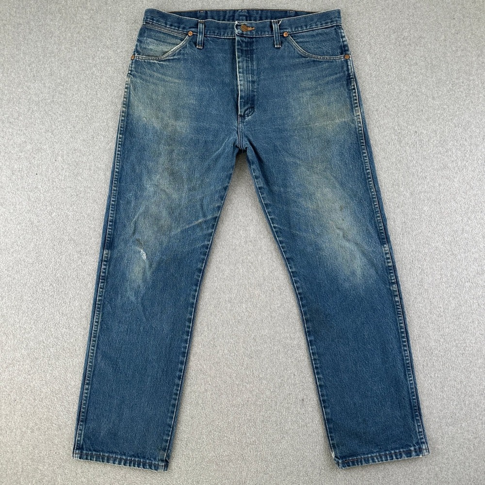 Wrangler Jeans Mens 35x29 Blue 13MWZ Cowboy Cut Straight Leg Distressed Denim
